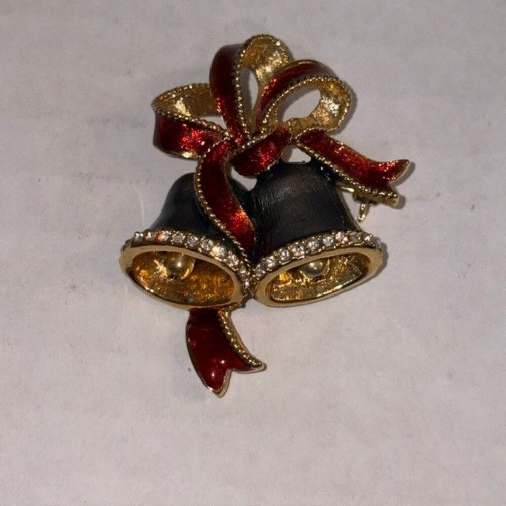 Monet Bells w/ Red Bow Brooch Christmas Enamel Clear Rhinestones